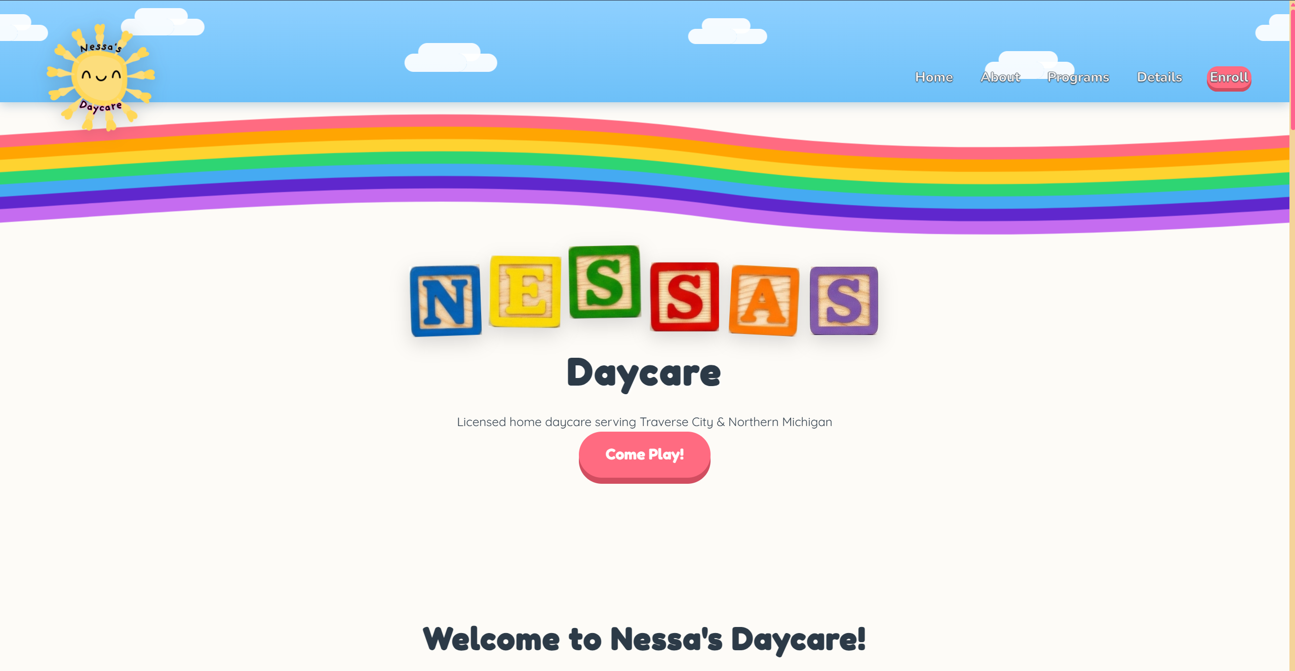 Screenshot of the Nessas Daycare website homepage